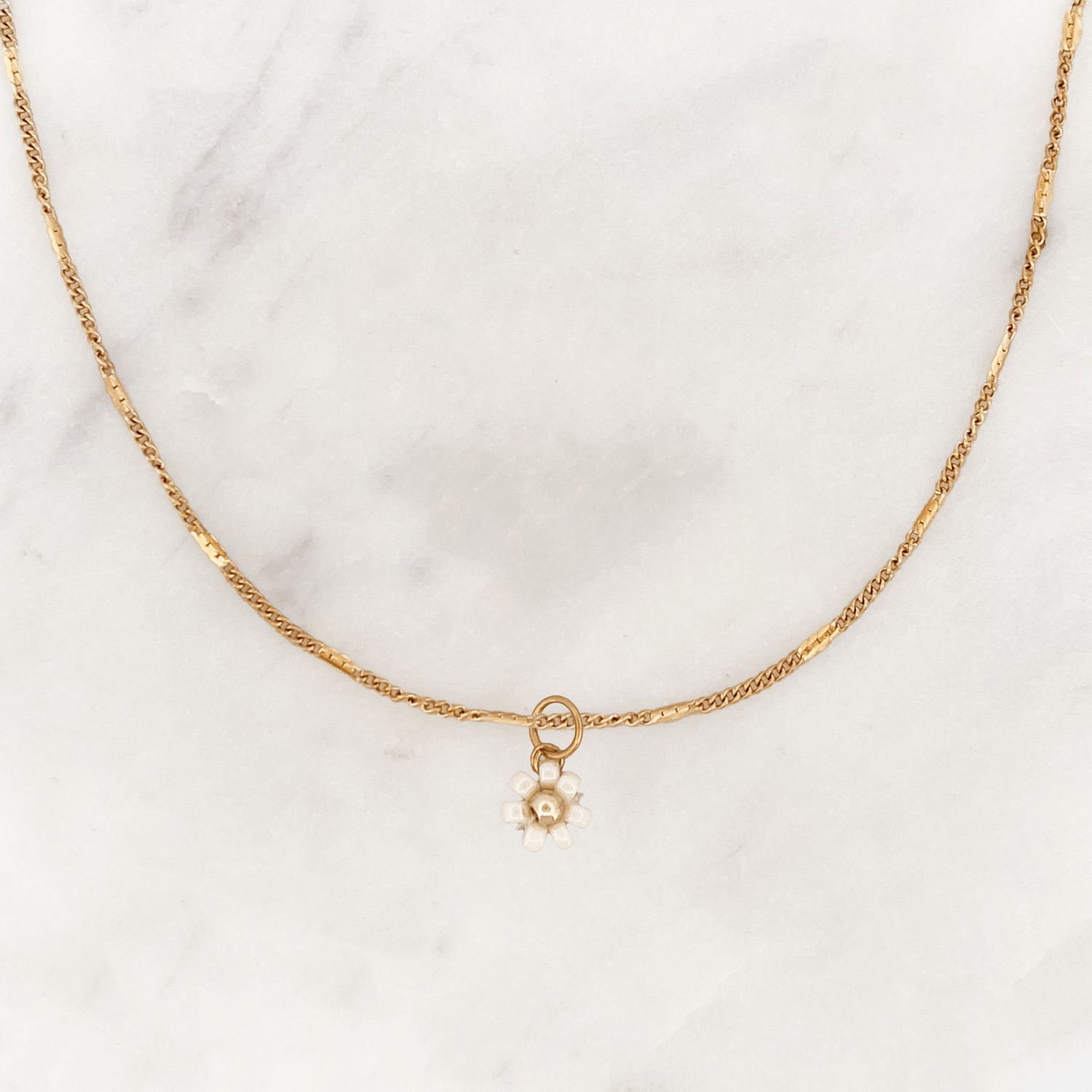 Signet Necklace Beige Beads Flower - ByNouck Jewelry Signet Necklace Beige Beads Flower - ByNouck Jewelry