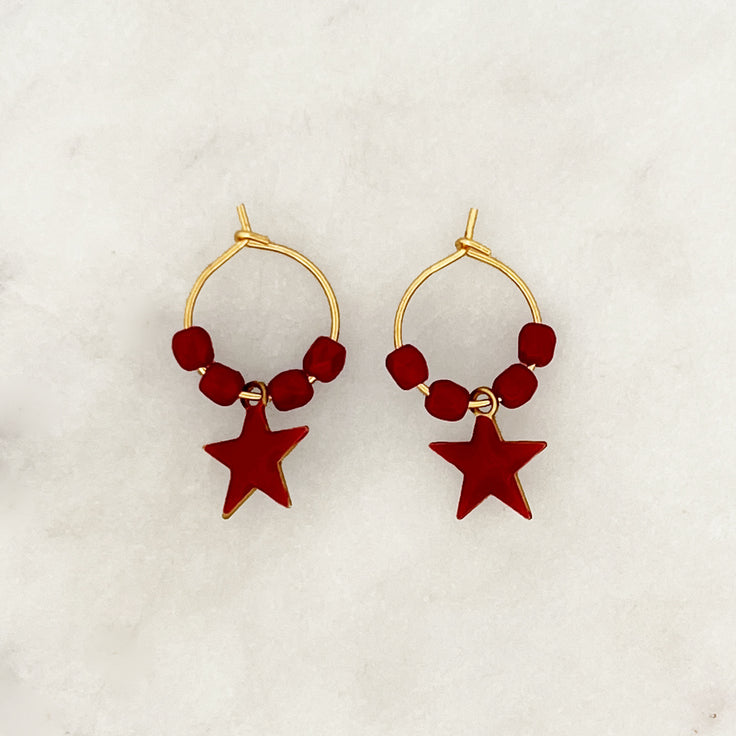 Thin Earring Red Star Bead Set