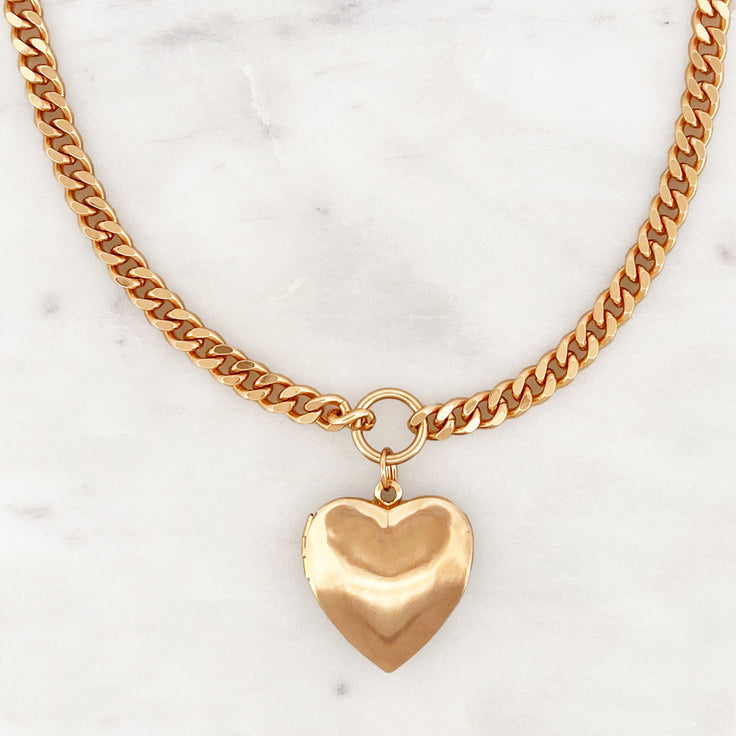 Flat Curb Necklace Heart Medallion